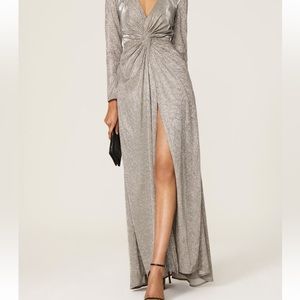 Ieena for MacDuggal Silver Sequin V-Neck Gown. Floor length